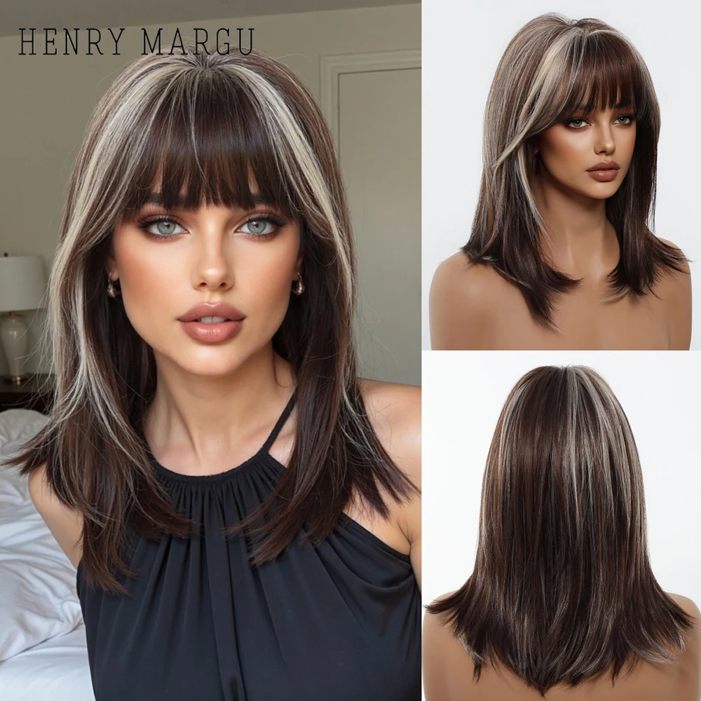 HENRY MARGU Brown Natural Layered Synthetic Wig with Bangs Medium Length Straight Wigs Mixed Blonde Daily Party Wigs for Women