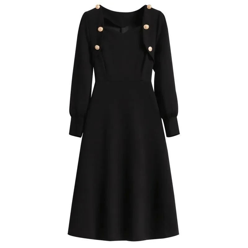 

Spring Autumn Mid-Long Dress Women 2024 New Loose Square Collar Dresses Pure Colour A Word Skirt Fashion Vestidos Top Female