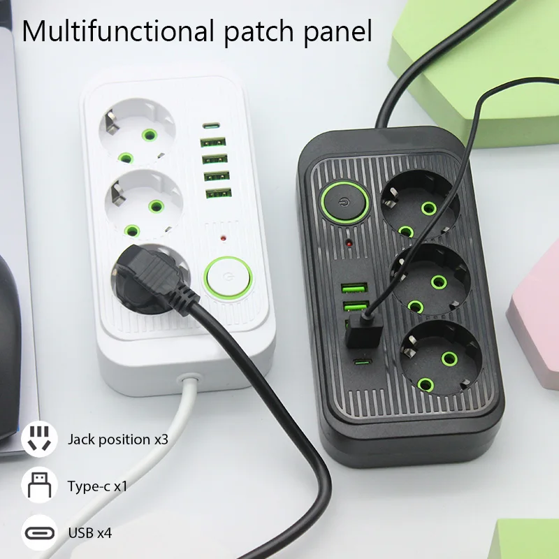 Power strip extension cable 2M 3AC outlets 4USB 1Type C EU plug