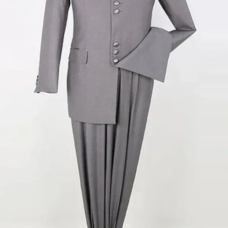 Chic Gray Single Breasted Men's Suits Stand Lapel Slim Fit 2 Piece Jacket Pants Outfits Male Clothing Elegant Office Outfits