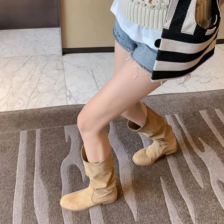 

2022 New Autumn And Winter Women's Thin Knight Boots Pleated Thick-heeled High-heeled Western Denim Boots