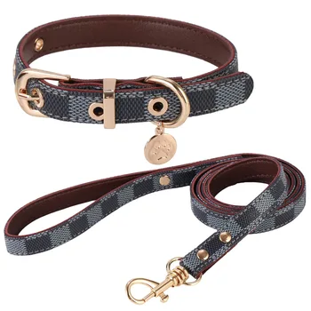 Checkered Leather Collar & Leash Set for French Bulldogs - Classic 3