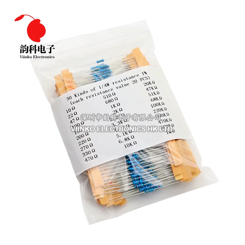 600pcs/set 300pcs/set 30 Kinds 1/4W Resistance 1% Metal Film Resistor Pack Assorted Kit 1K 10K 100K 220 ohm 1M Resistors