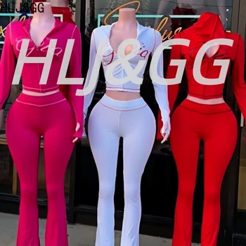 HLJ Fashion Ins Letter Print Hooded Two Piece Sets Women Zipper Long Sleeve Crop Top And Skinny Pants Outfit Y2K 2pcs Streetwear 1