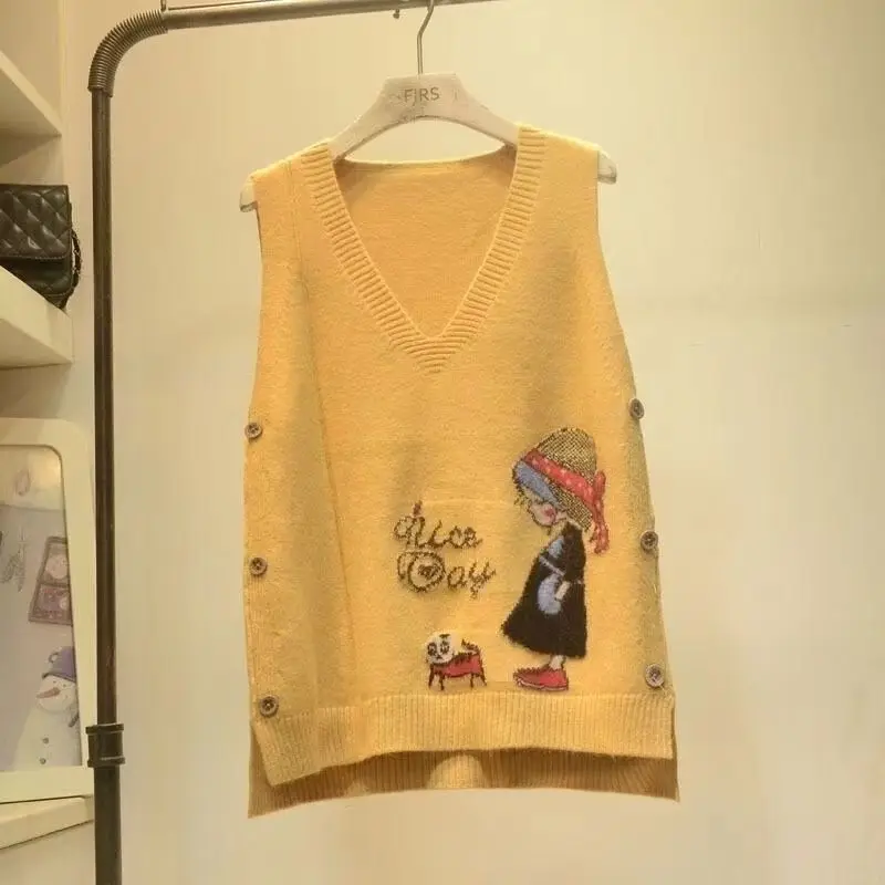 2024 Spring and Autumn New Age Reducing Cartoon Knitted Vest Women's Academy Style Knitted Sweater Vest