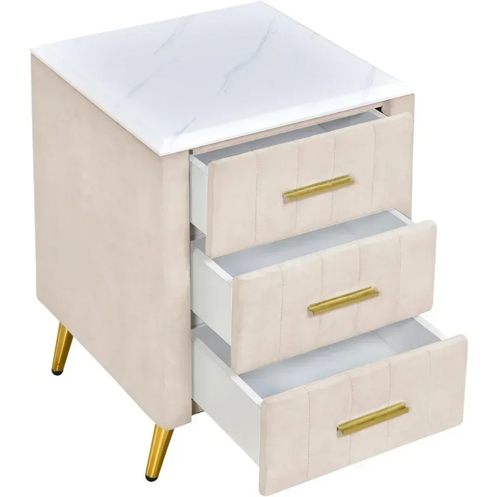 Velvet Nightstand with 3 Drawers,Upholstered Nightstand with Faux Marble Top,End Table with Metal Legs for Bedroom, Living Room 5