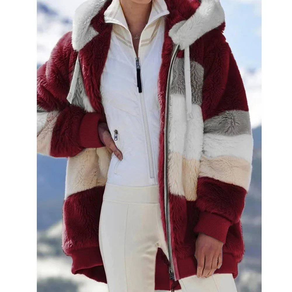 Oversized Jacket for Women Coat 2024 Autumn Winter Warm Plush Pocket Hooded Streetwear Loose Lady Zipper Cashmere Outerwear Coat 6
