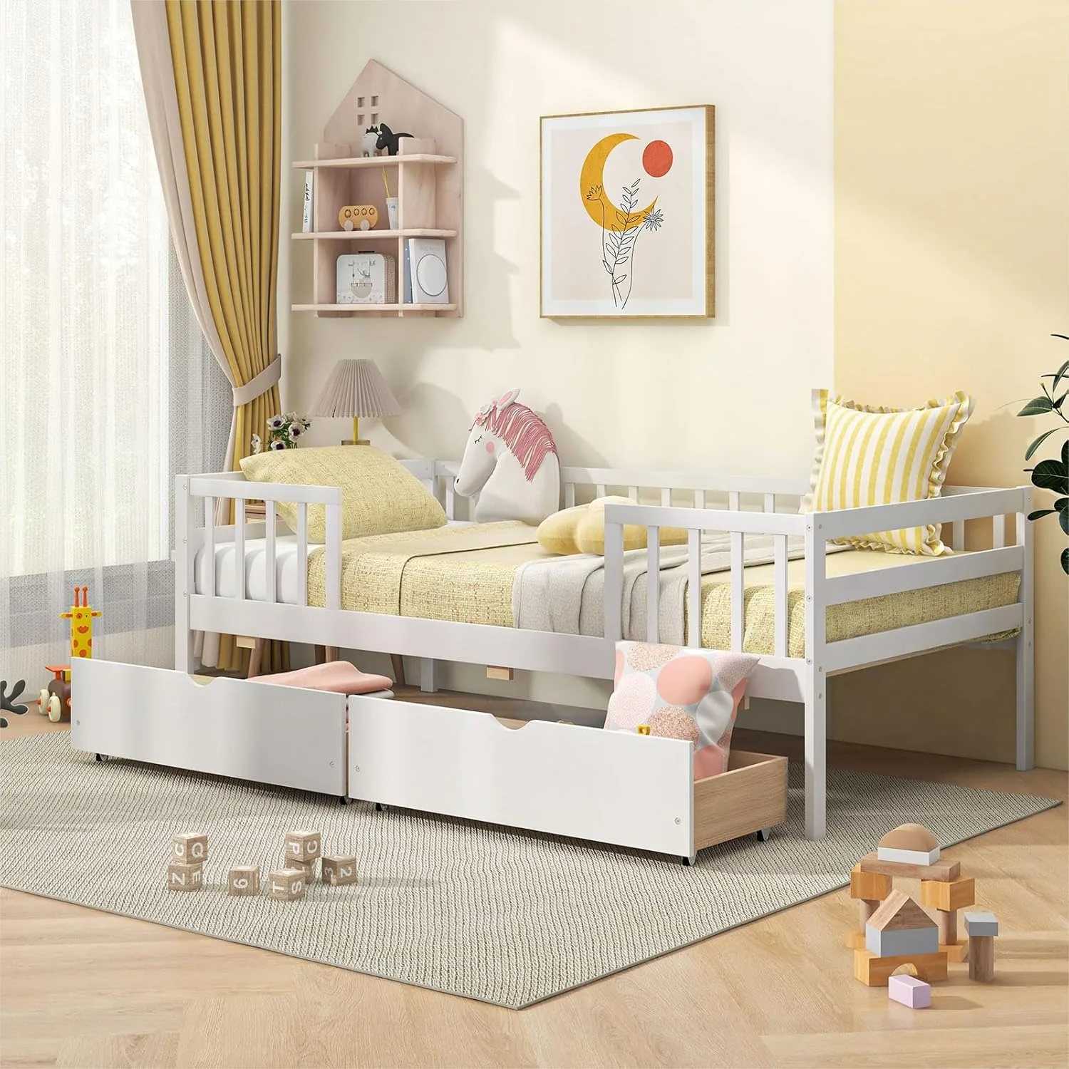 Twin Kids Bed with Storage Drawers, Wood Montessori Low Daybed for Boys Girls, White