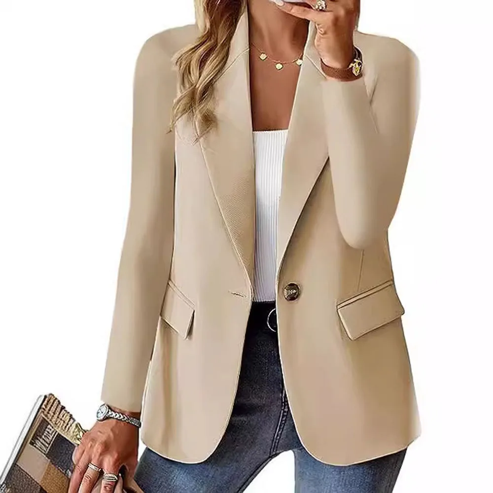 Women Solid Slim One Button Long Sleeve Blazer