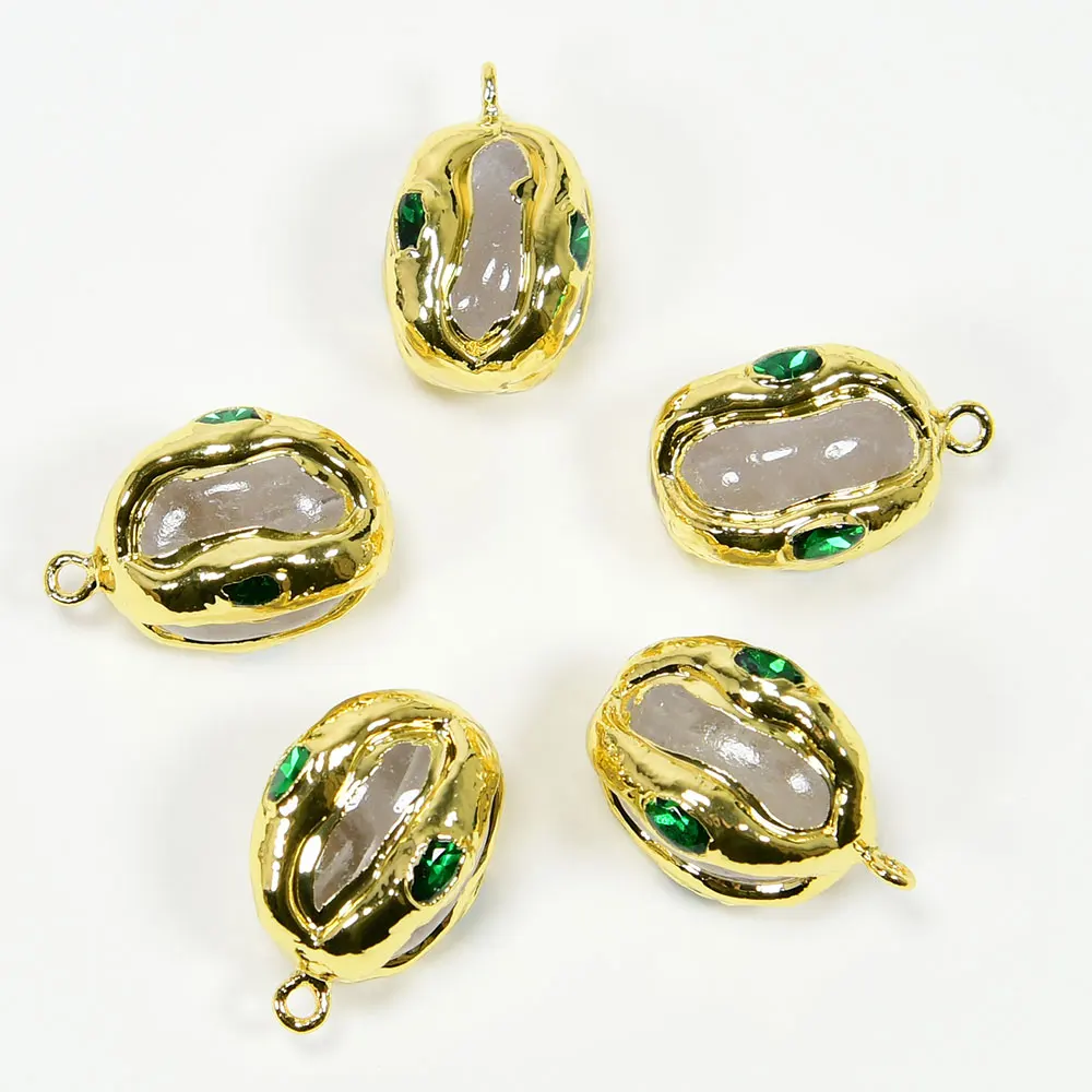 APDGG 5 Pcs Natural White Quartz Gold Plated Green Crystal Paved Charms Pendant For Lady Pearl Necklace Jewelry Making DIY