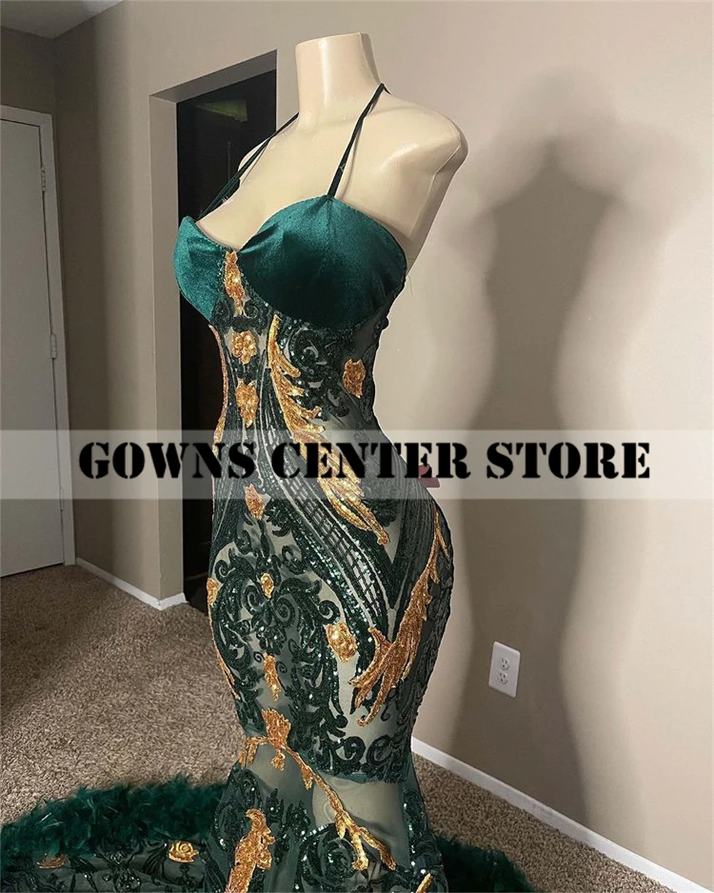 green emerald velvet dress Elegant Dark Green One-Shoulder Mermaid Prom Dress with Gold Embellishments