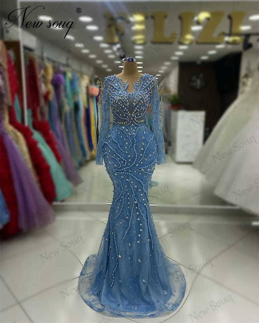 Two Pieces Blue Mermaid Evening Dresses O Neck Long Sleeves Elegant Birthday Engagement Dress Arabic Dubai Beading Party Gowns