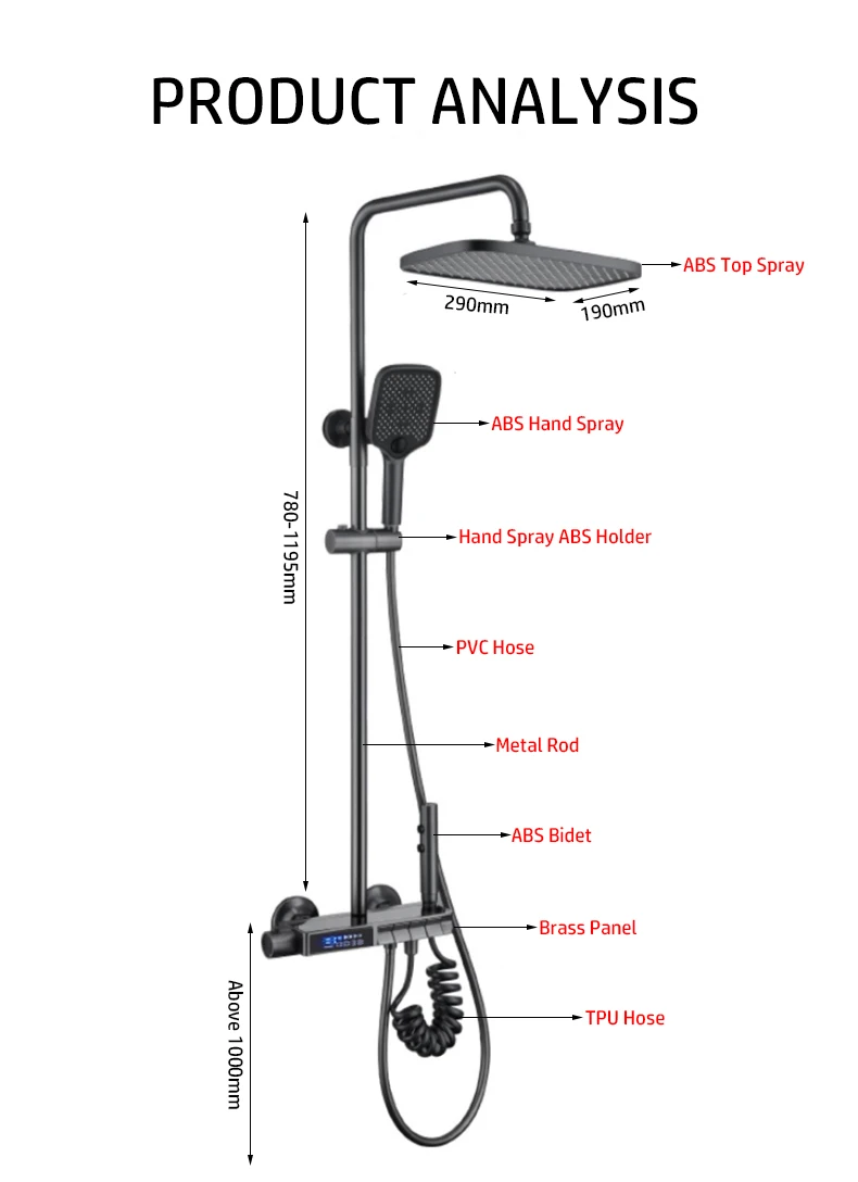 Description Picture 6 of itemHot Cold Mixer Shower Set Bathroom LED Digital Shower System Bathtub Wall Mount SPA Rainfall Round Tube Faucet Luxury Torneiras