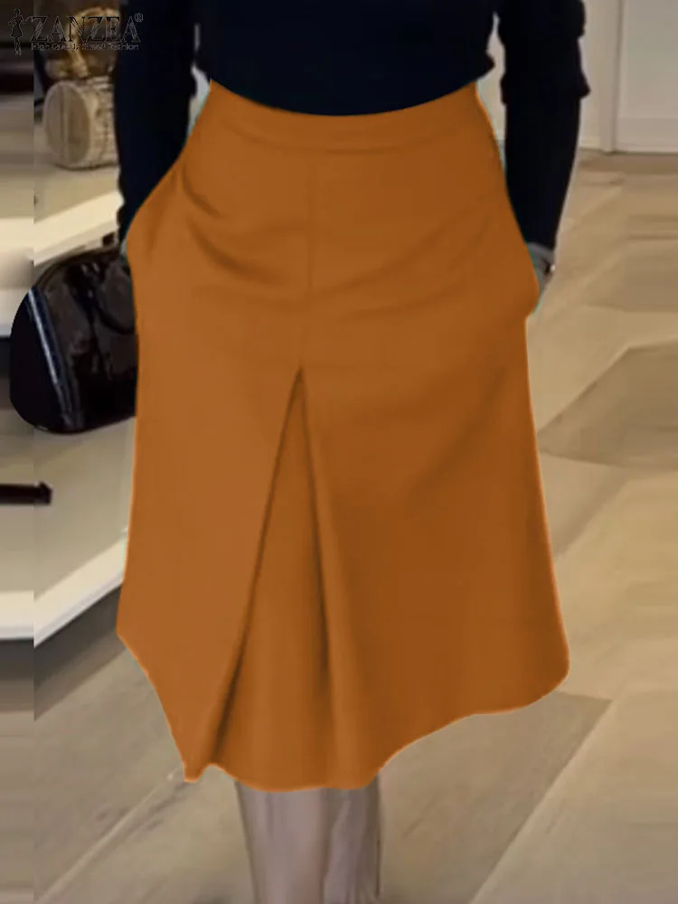 

Элегантные летние длинные юбки ZANZEA с высокой талией 2024, модные женские плиссированные однотонные юбки с карманами, повседневные юбки до колена
