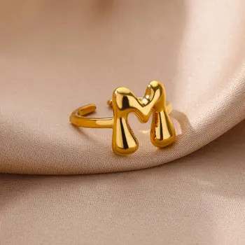 Chunky Initial Letter Ring Gold Stainless Steel Vintage Alphabet Jewelry for Women