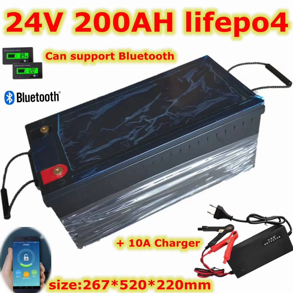 

24V 200AH lifepo4 lithium Battery with bluetiith BMS APP for 2000W Inverter Solar RV golf cart backup power + 10A Charger