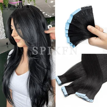 SPIKFN Natural Black Micro Tape In Human Hair Extensions 10pcs/pack 12-24 Inches Mini Tape Human Hair Tape Ins Highlight Hair