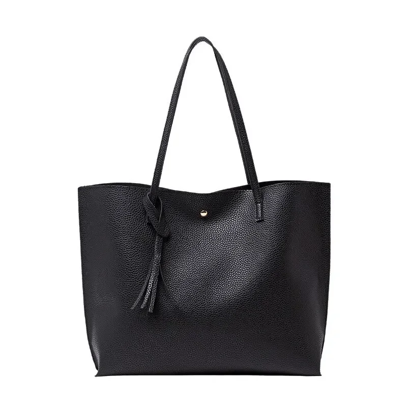 

New Trend Women Single Shoulder Bag Casual Large Capacity Pu Lychee Pattern Tassel Outdoor Simple Tote Bag