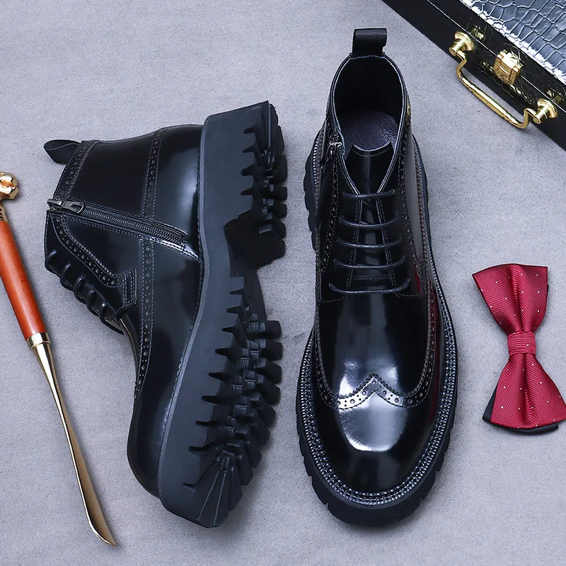 PDEP Martin Boots Thick Soles Shoes for Men Casual Bottines British Brock Cowhide Leather Bota Masculina Sapatos Masculino