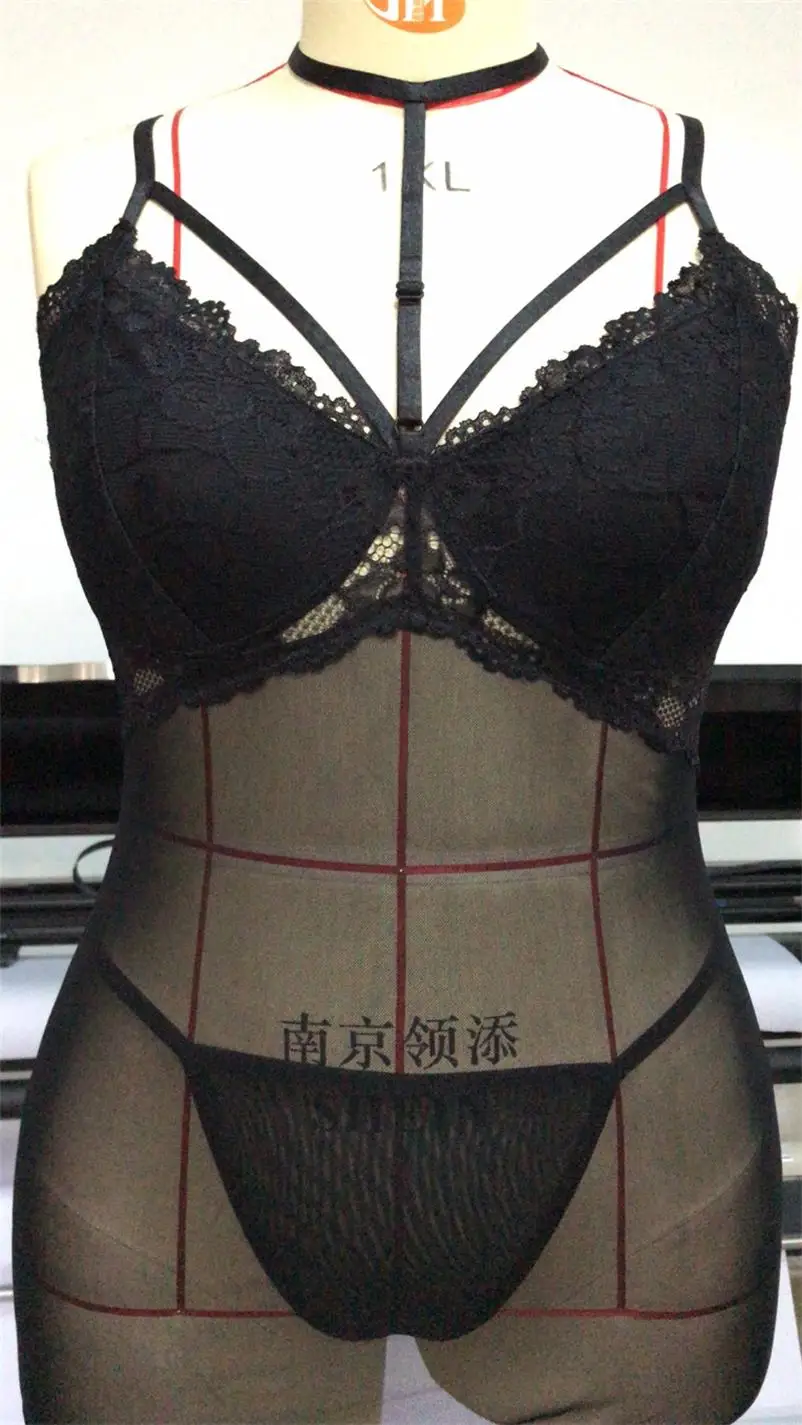 Large Size Lace sexy lingerie with hollow out splicing perspective bra set sleepwear deep V women bra erotic lingerie
