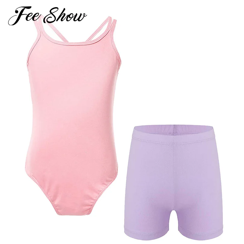 

Girls Ballet Leotards Bodysuit Gymnastics Dancewear Sleeveless Crisscross Strappy Back Leotard for Kids Sports Dance with Shorts