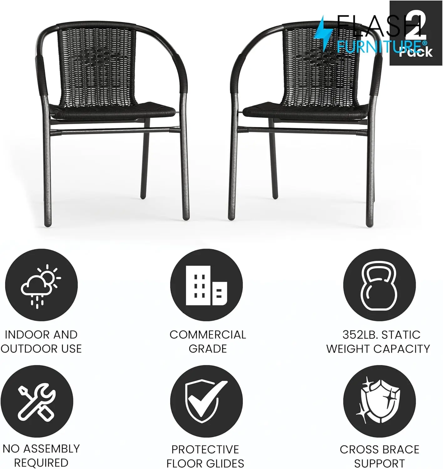 Modern Rattan Dining Chairs. Stackable. For Patio, Restaurant. Set of 2. Black.