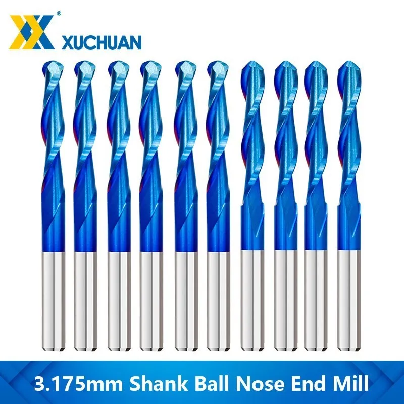 

Ball Nose End Mill 10pcs 2 Flute CNC Router Bits 3.175mm Shank Milling Cutter Nano Blue Coated Caibide Milling Tools