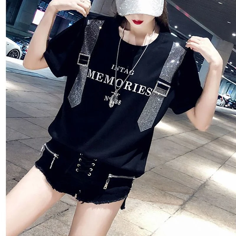 

Summer New Round Neck Fashion Short Sleeve T-shirt Women High Street Casual Loose Pullovers Diamonds Patchwork Pure Cotton Tops