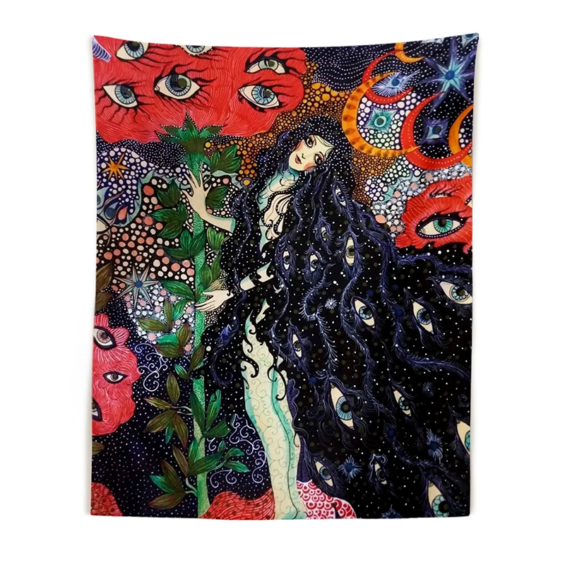 Psychedelic Girl Tapestry Wall Hanging Botanical Celestial Floral Tapestry Hippie Eye Wall Carpets Dorm Decor Starry Sky Tapestry Decorations