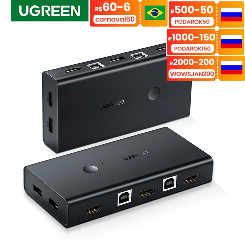 KVM-коммутатор UGREEN 2 в 4 выхода HDMI переключатель коробка с общим доступом к usb-хаб 3