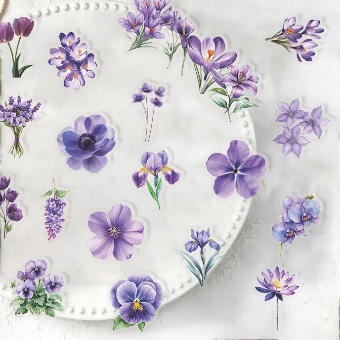 50pcs Cartoon Purple Flower Series Waterproof PET Stickers DIY Scrapbooking Decoration Phone Case Water Bottle Stickers
