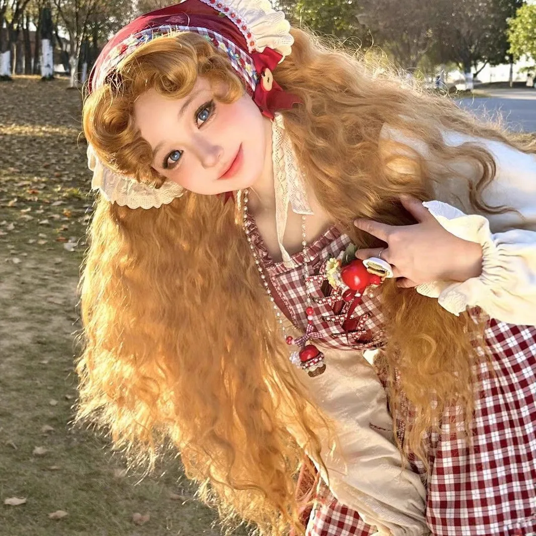 Princess Diary Wig for Women Gold Brown French Fluffy Wool Rolls Lolita Retro High Temperature Fibers Synthetic Hair Wig Cosplay