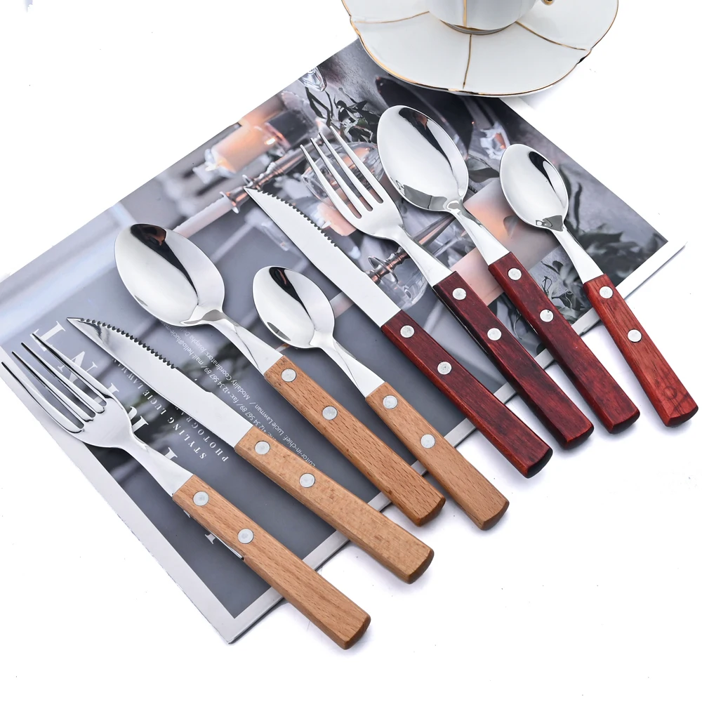 24Pcs Cutlery Wooden Handle Cutlery Set Stainless Steel Tableware Knife Fork Tea Spoon Silverware Western Flatware cutlery set western style cutlery set stainless steel cutlery set wooden cutlery set