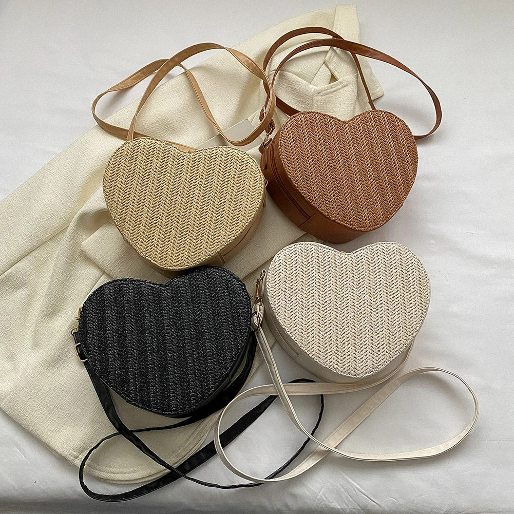 Women Fashion Shoulder Bags Shopping Bags Ladies Straw Satchel Bags PU Love Heart Shape Crossbody Bags Casual Small Purses