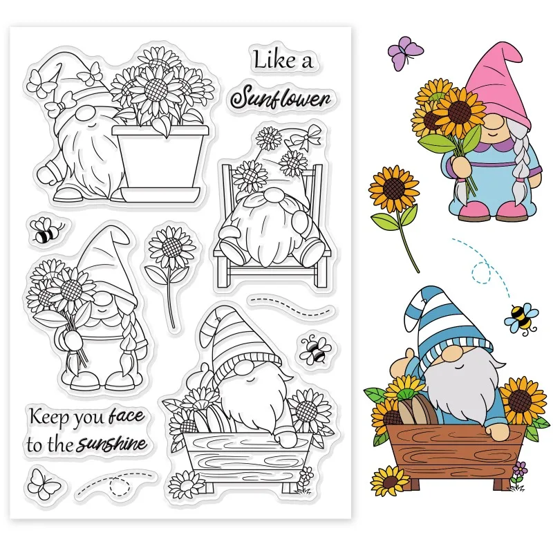 Gnome Dwarf Silicone Clear Stamp 1Sheet Butterfly and Bee Flower Transparent Silicone Stamp Sunflower Clear for Scrapbook clear stamps,clear rubber stamps