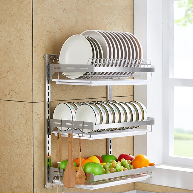 Punch-free Kitchen Spice Rack Wall-mounted Dish Drying Rack Thickened  Material Dish Rack Up And