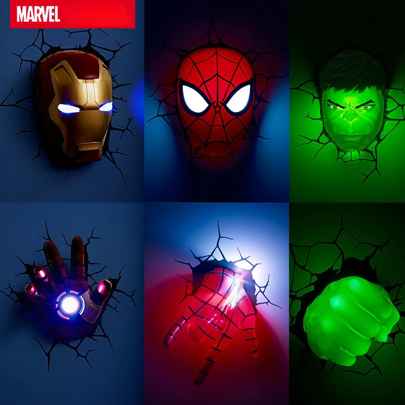 

Marvel anime figure cartoon Spider-Man Iron Hulk Thor Captain America luminous model creative personalized mask wall lamp gift