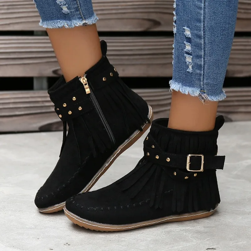 2023 Winter Warm Shoes for Female Side Zip Women's Ankle Boots Flat with Light Women's Shoes Tassel Belt Buckle Ladies Boots