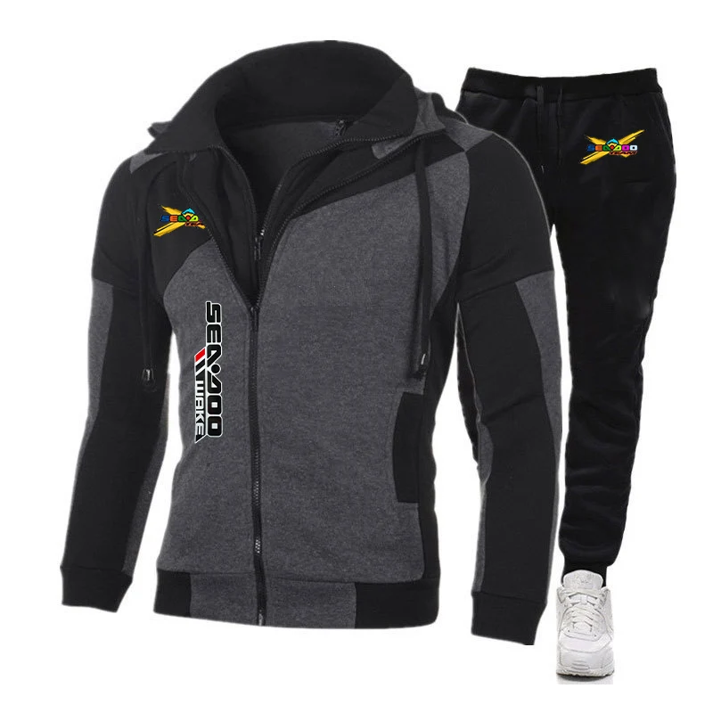 Spring and autumn 2023 Sea Doo Seadoo Moto Logo printed hoodie suit fashion diagonal zipper patchwork hip-hop hooded jacket+soli