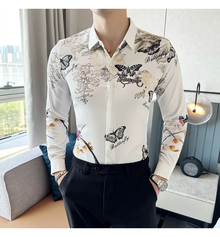 Men's Luxury Design Dress Shirt Long Sleeve Button Down Printed Shirt for Party Prom Wedding Shirt