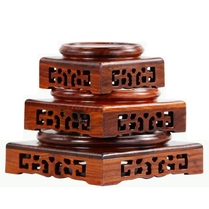 Red Sandalwood Vase Base, Carved Flower Pattern, Stone Seal, Teapot Tray, Jade Antique Ceramic Ornaments, 7-11cm Diameter