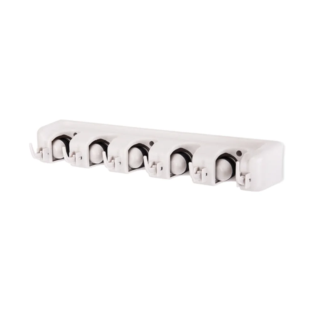 

Multifunctional Wall Mounted Mop Brush Broom Holder Hanger Organizer Storage Rack - White (5 Position with 6 Hooks)