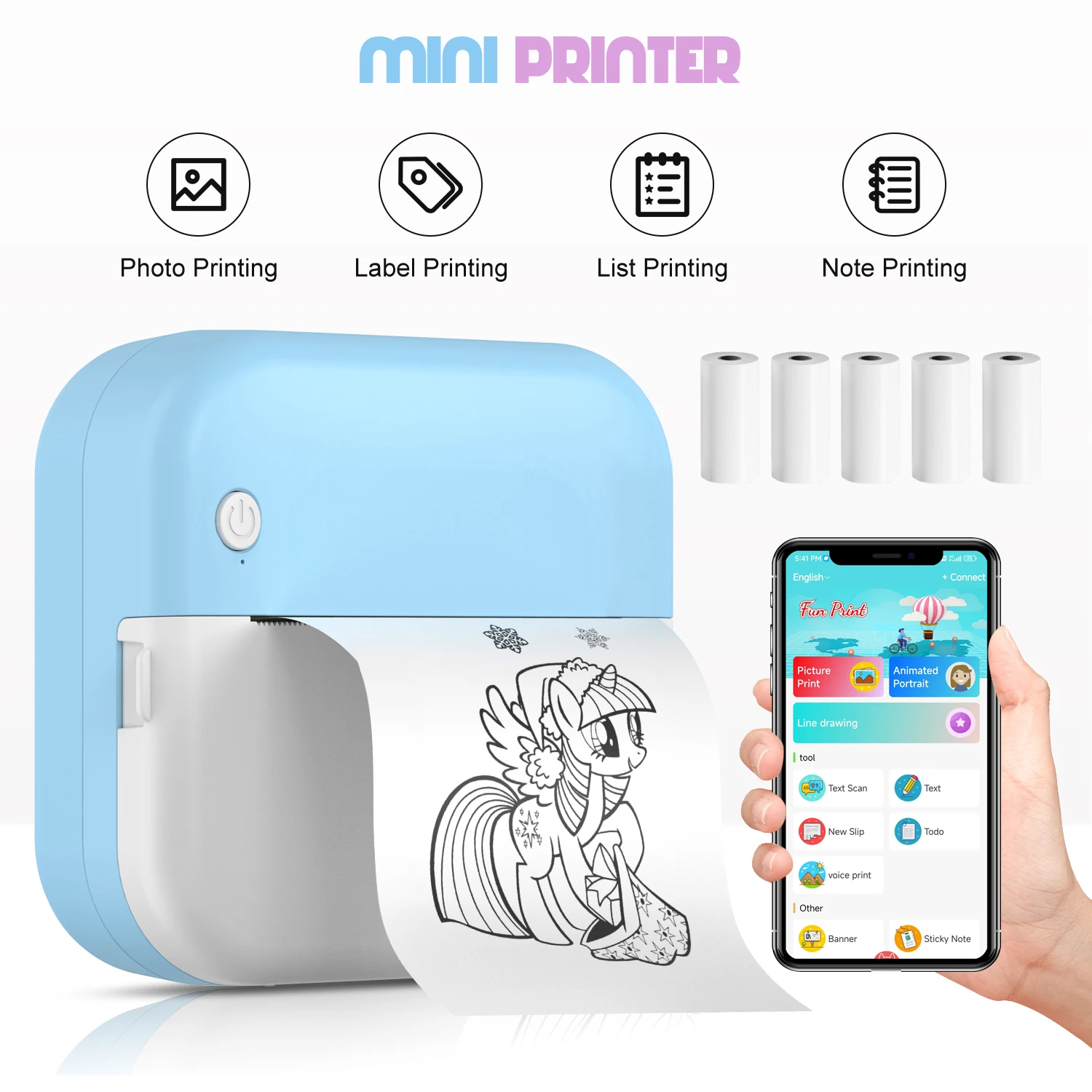 휴대용 미니 포켓 프린터, 노트 사진 라벨 메모 인쇄, 블루투스 무선 잉크리스 열전사 프린터, 200dpi