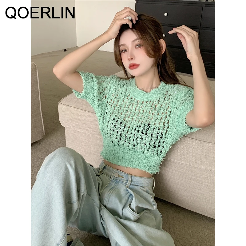 

QOERLIN Collarless Short Sleeve Summer Knitted Cropped Tops Women Sweater Hollow Out Sweater Shirts Sexy Knitwear Street Look