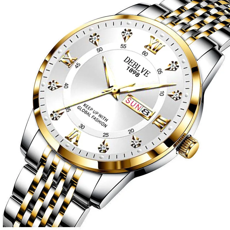 Men's Stainless Steel Luminous Sports Watch with Hidden Buckle and Calendar