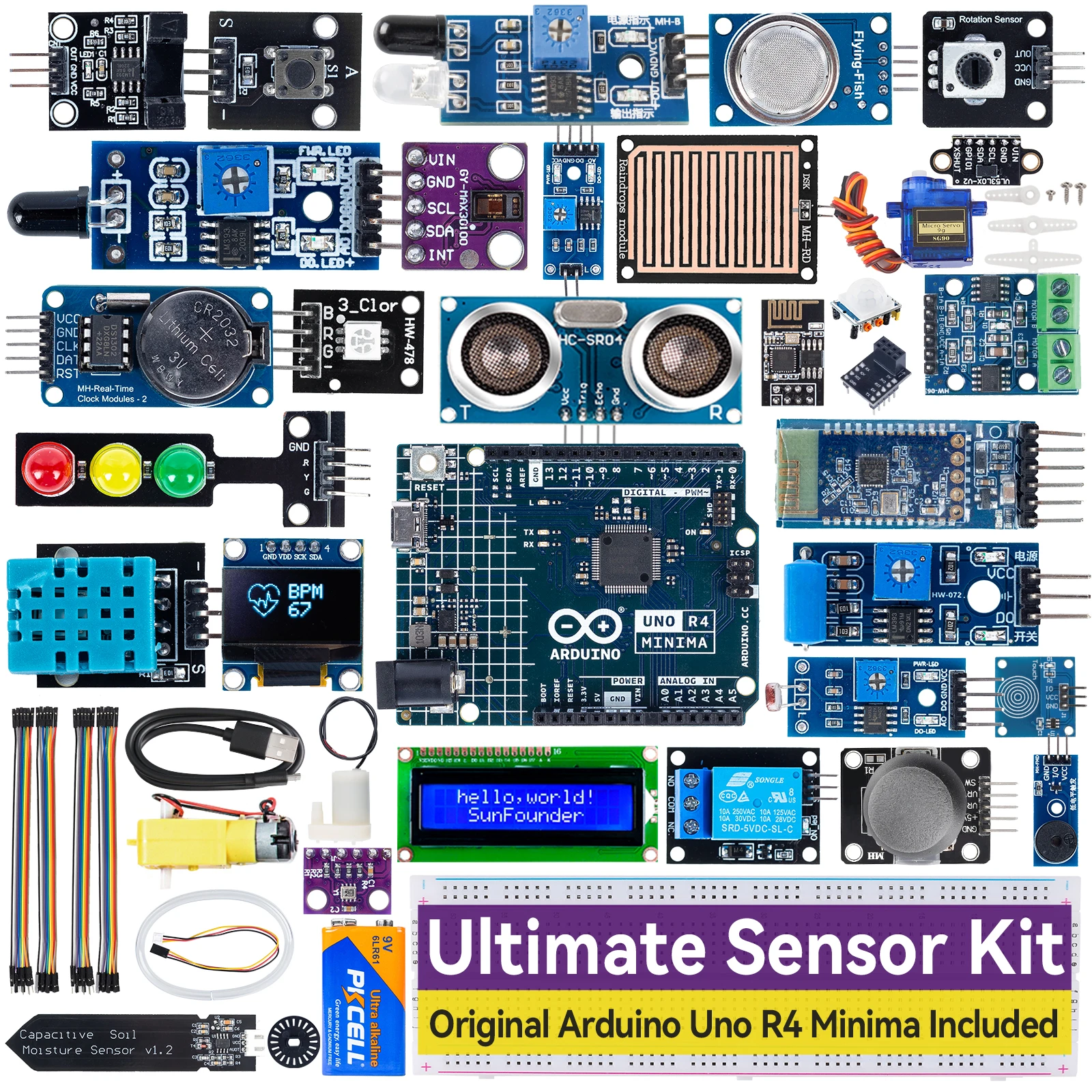 Sunfounder Ultimate Sensor Kit Con Arduino Uno R4 Minima Originale, Smart Iot E Progetti Di Sensori Di Base Con Tutorial Online