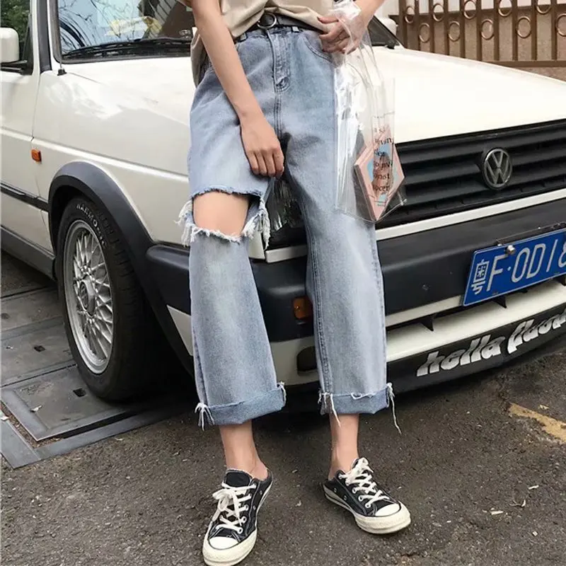 

Women Harajuku Jeans Style Retro High-waisted Chiic Cut-out Jeans Straight Jeans Loose-fitting Skinny Trousers Plus Size S-5XL