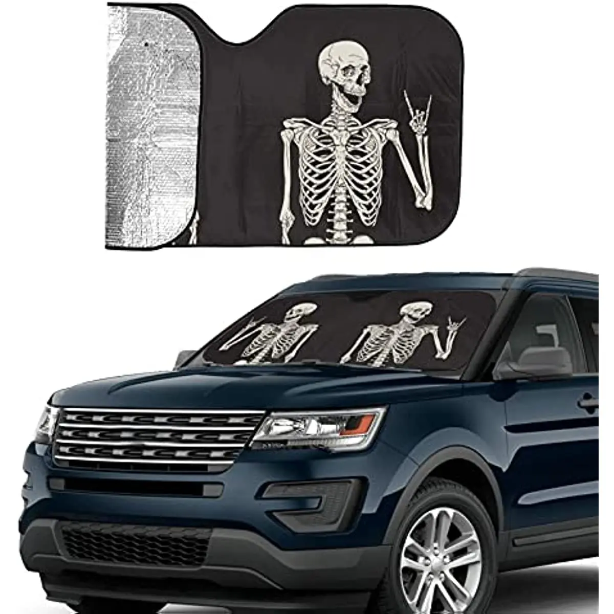 

Cool Rock Roll Skeleton Skull Hippie Funny Front Windshield Sun Shade for Women Men SUV Blocks UV Rays Sunshade Shield Cover Car