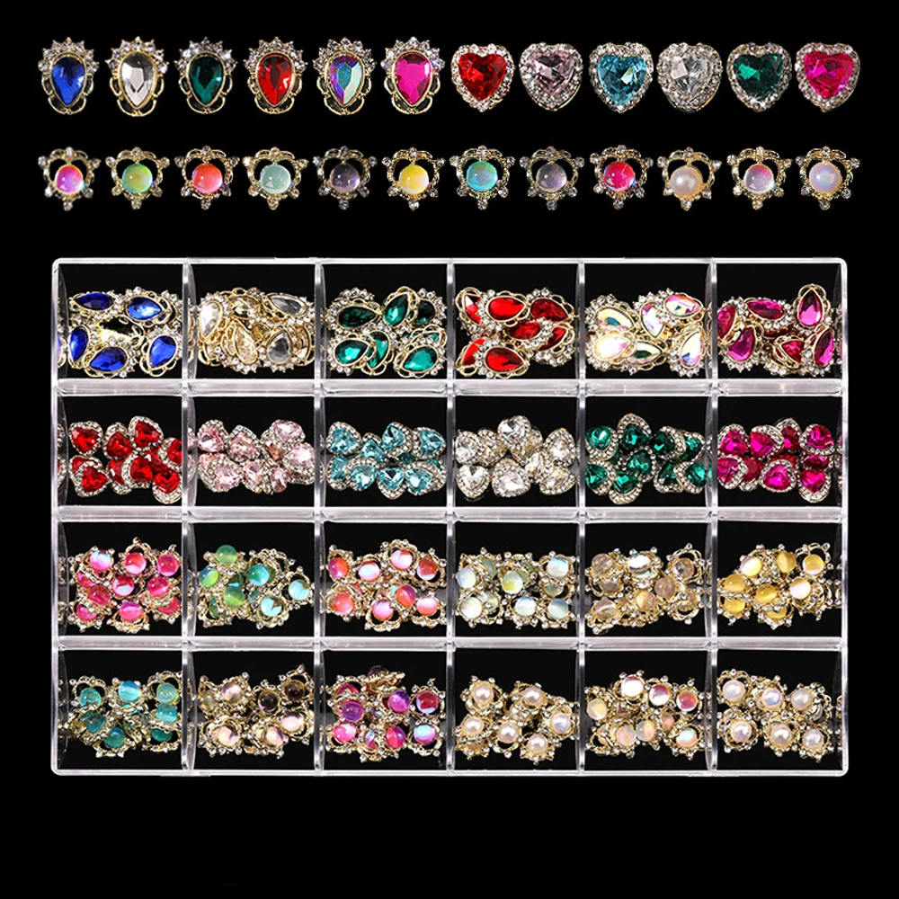

24Girds*5pc Mix Alloy Gem Nail Charm Rhinestone Jewelry in Clear Box 3D Rhiestones Stones Decorations DIY Manicure Accessories