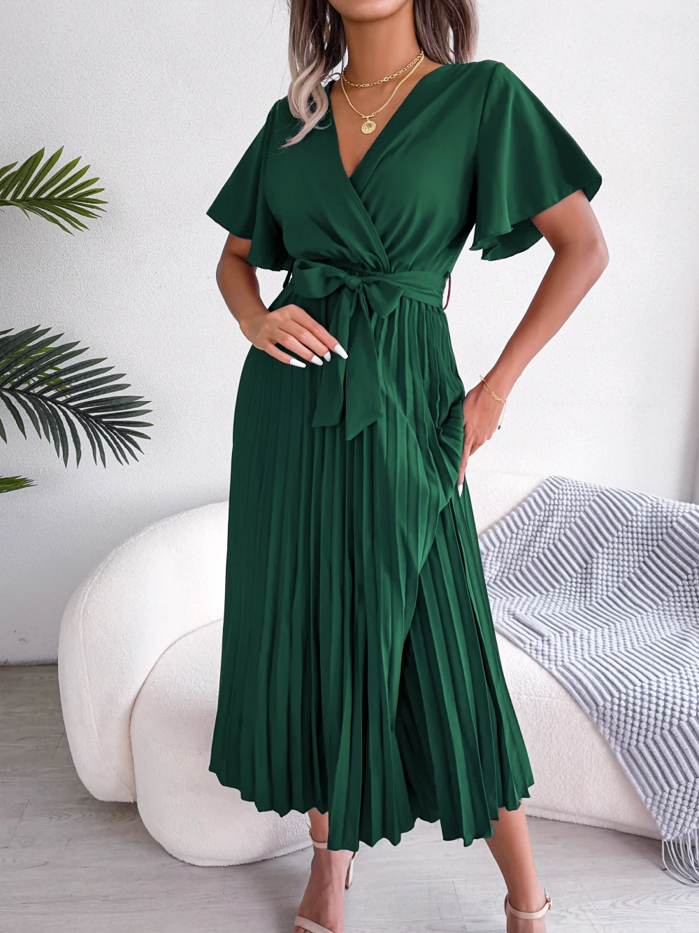S4b65c6ef28b4483fb9d0131475f006dbn Women Summer Casual V Neck Short Sleeve Pleated Chiffon Maxi Dress Black Red Green Clothing Mallzona
